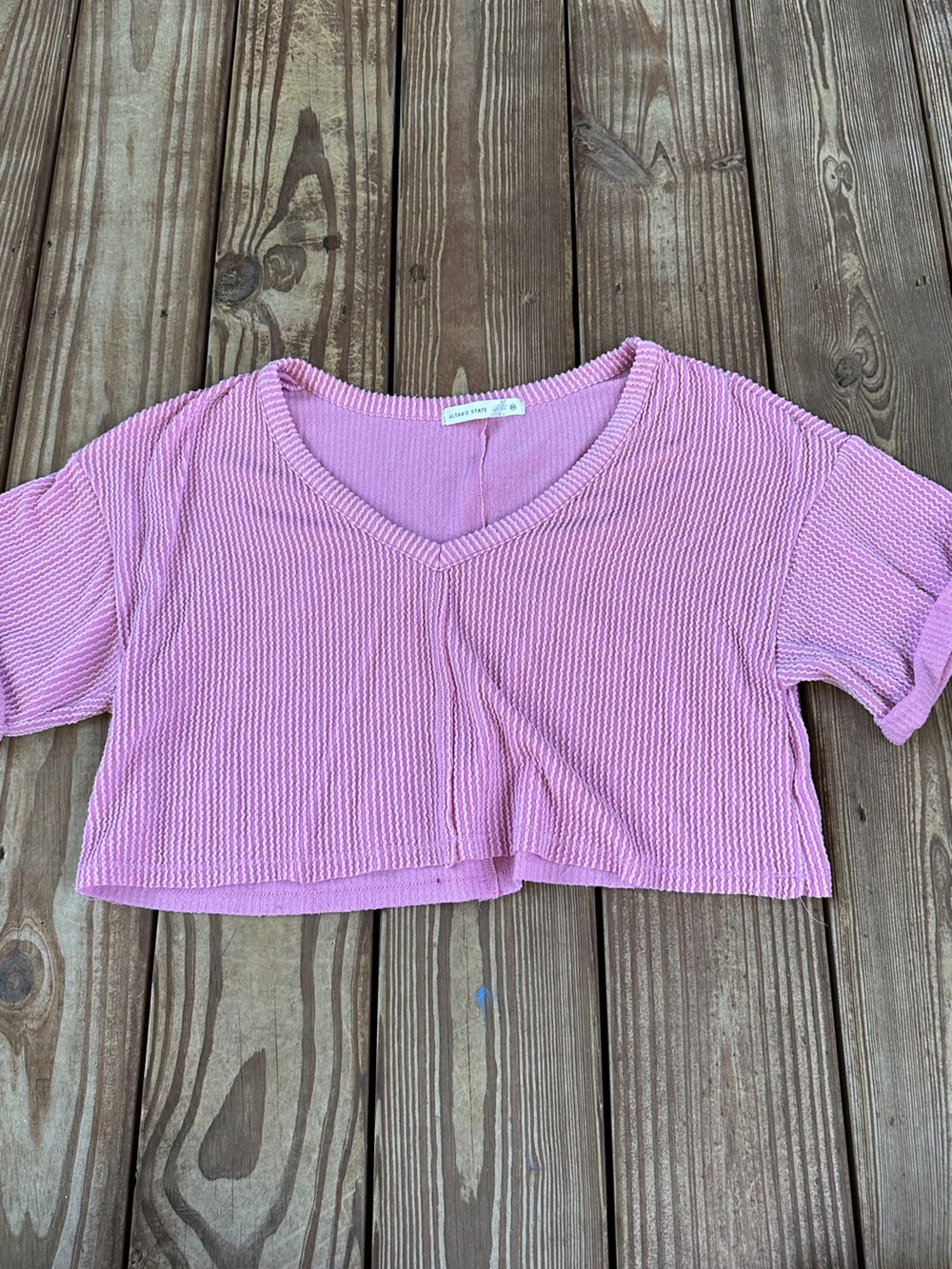 Altar’d State Pink Textured Ribbed Cropped Boxy Short Sleeve Top XS